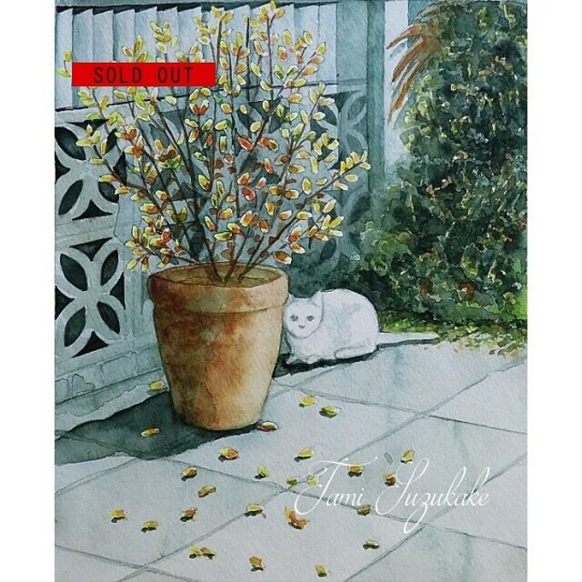 水彩画・原画「猫と秋の庭」 | iichi 日々の暮らしを心地よくする
