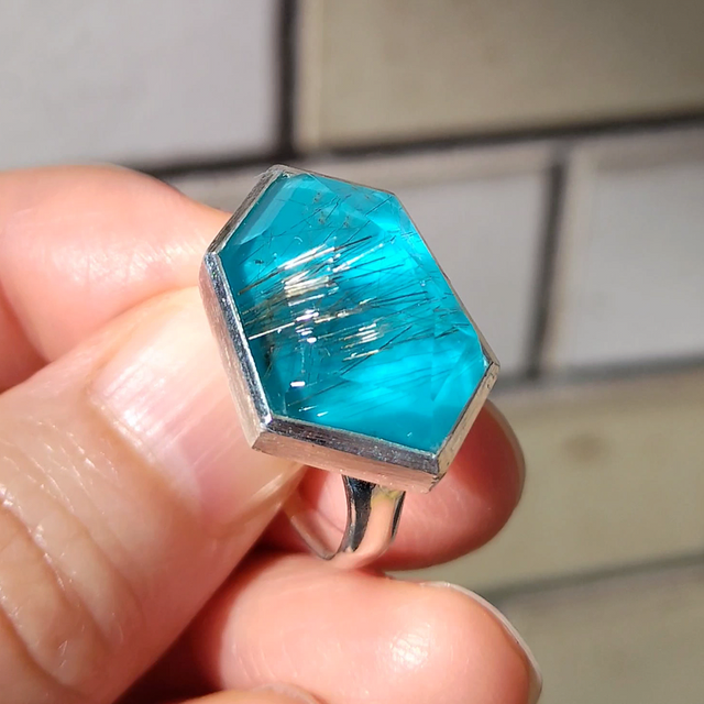 ルチルクォーツ×ターコイズ　変形六角形　ロックカット　シルバーSV925リング