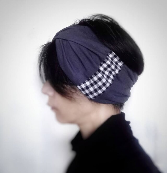ターバンなヘアバンド　ギンガムブルーグレーニット　送料無料