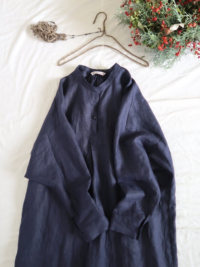 リネン スキッパーワンピース 万能ネイビー 大人の普段着 Iichi ハンドメイド クラフト作品 手仕事品の通販