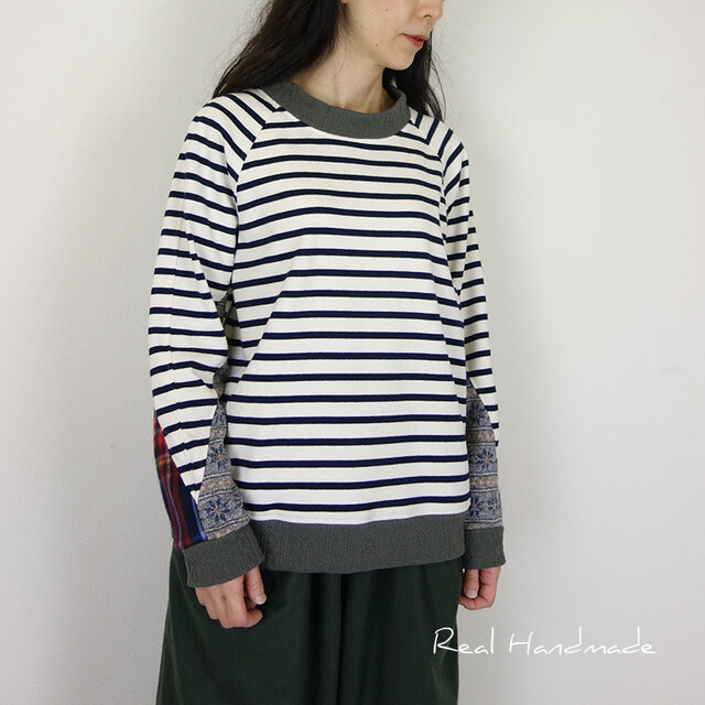 [予約販売] ボーダーニットモックネック袖切替プルオーバー