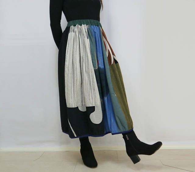 草木染め、手織り綿のパッチワークバルーンスカート、フリーサイズ | iichi ハンドメイド・クラフト作品・手仕事品の通販