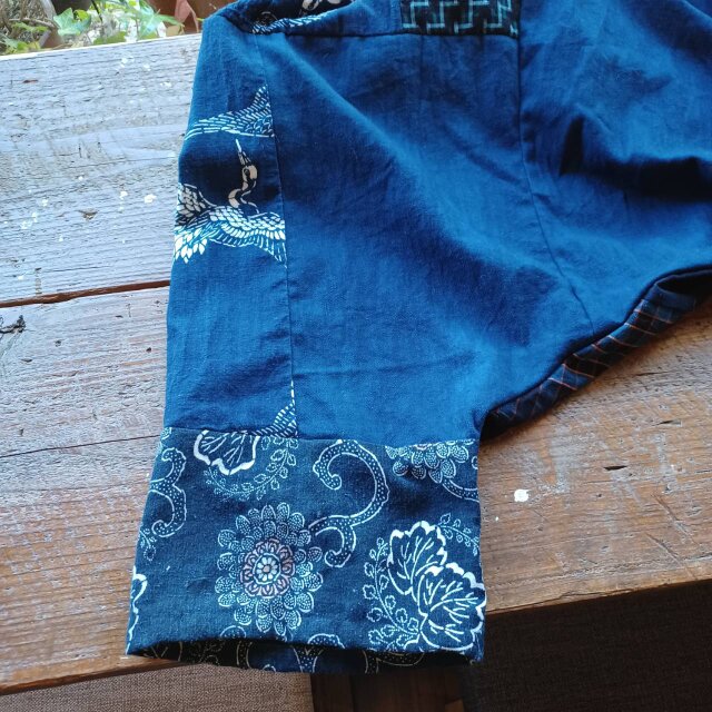 古布リメイク　手作り　藍染サルエルパンツハンドメイド服縞木綿