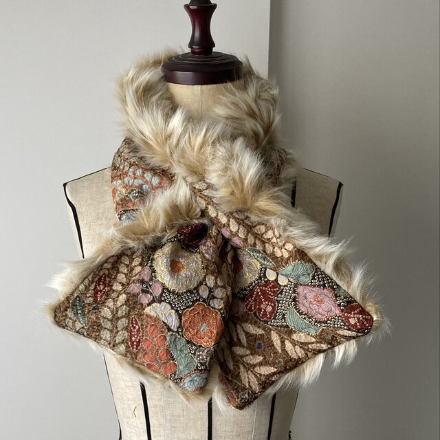 着物とフェイクファーのリバーシブルマフラー　茶