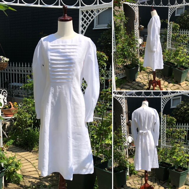 ♦️Sale!♦️白リネンのワンピース・チュニック『ウエスト切替・タック・白のリボンワンピース・１点のみ』~Villa~