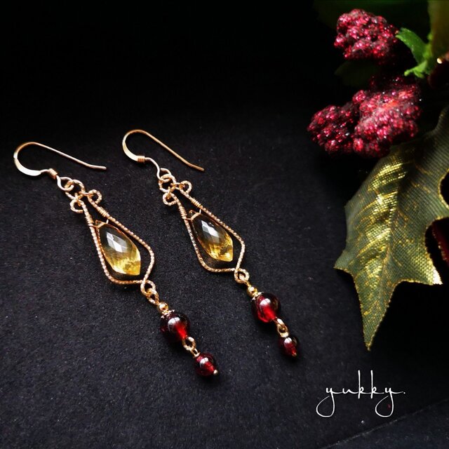 高品質シトリンAAA✽ガーネットデザイングリッターピアス/イヤリング