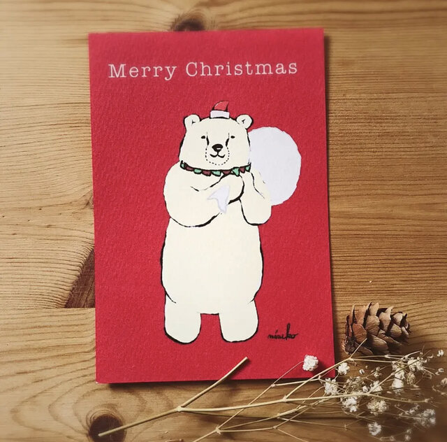 クリスマスカード】赤いリボンツリー＊シロクマ＊サンタ＊ | iichi