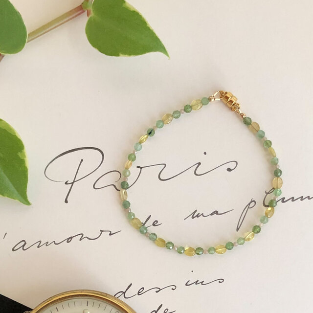 北欧グレイッシュカラー　イエロー＆グリーン トルマリンとムーンストーンのブレスレット１４kgf