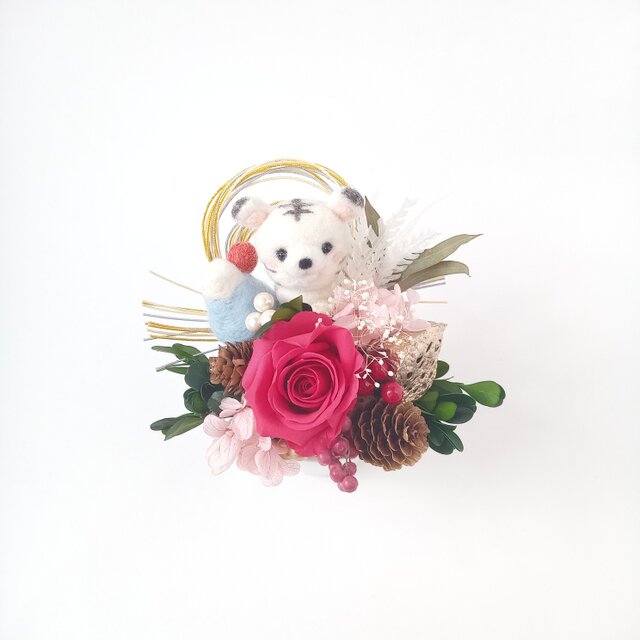 羊毛フェルト　アレンジメント　ハンドメイド お正月の縁起物ミニアレンジメント初日の出富士山と寅さん 干支