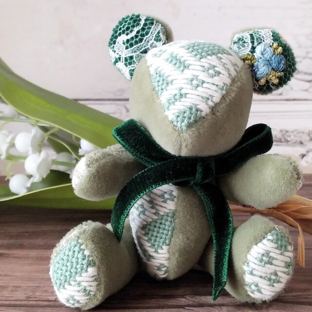 こぎん刺しのテディベアS 総刺しこぎんクマ クラシカルスイート（グリーン）