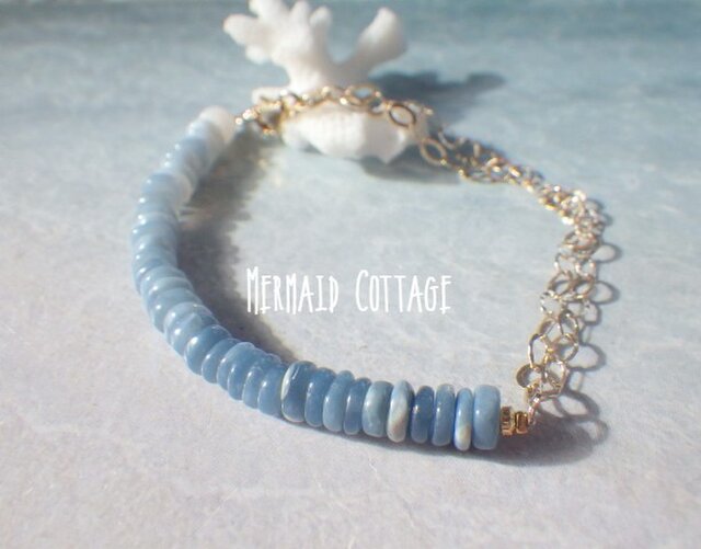 *14kgf* Blue Opal Bracelet ブルーオパール ハーフ&ハーフ☆ゴールド2連チェーンブレスレットの画像1枚目