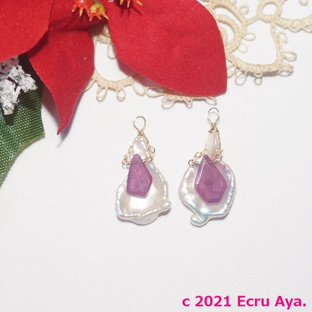 *葵～まもる～*非加熱ルビーと芥子パールのピアスチャーム