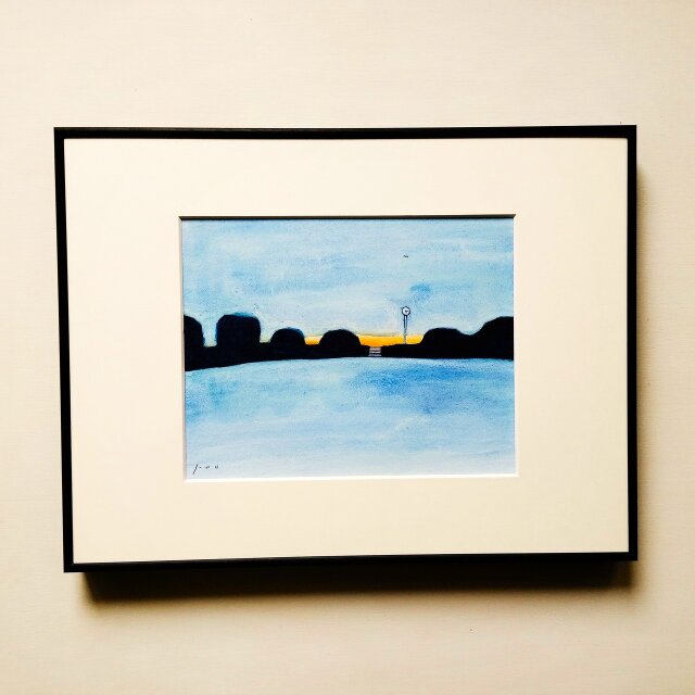 風景画｜原画「夕刻」イラスト 水彩 絵画 一点物 ※太子サイズ額縁入り