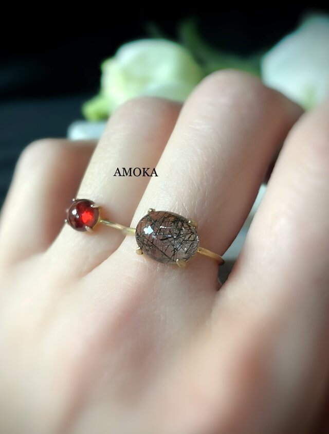 【2点セット販売】silver925  18KGP トルマリンクォーツリング×ガーネットリング　天然石リング