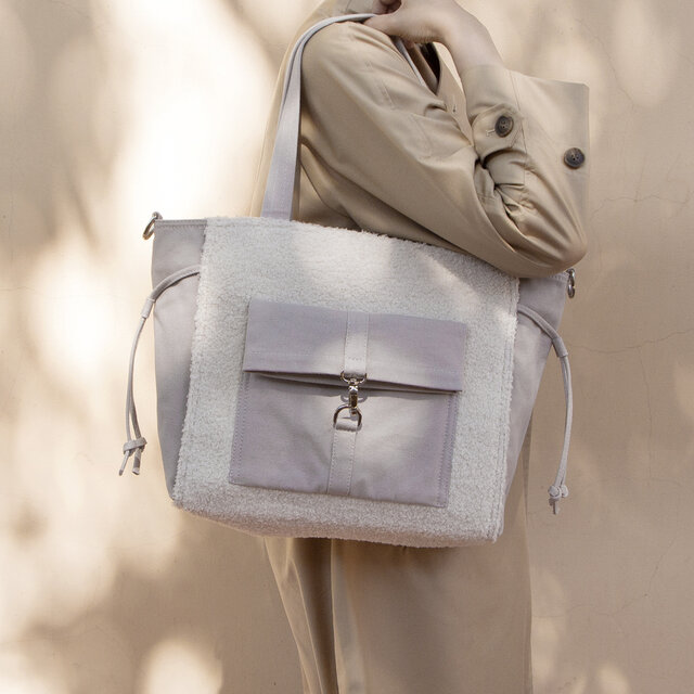 ボアx帆布 2WAYトートバッグ【ホワイトxライトグレー】カジュアル通勤 大容量A4サイズ