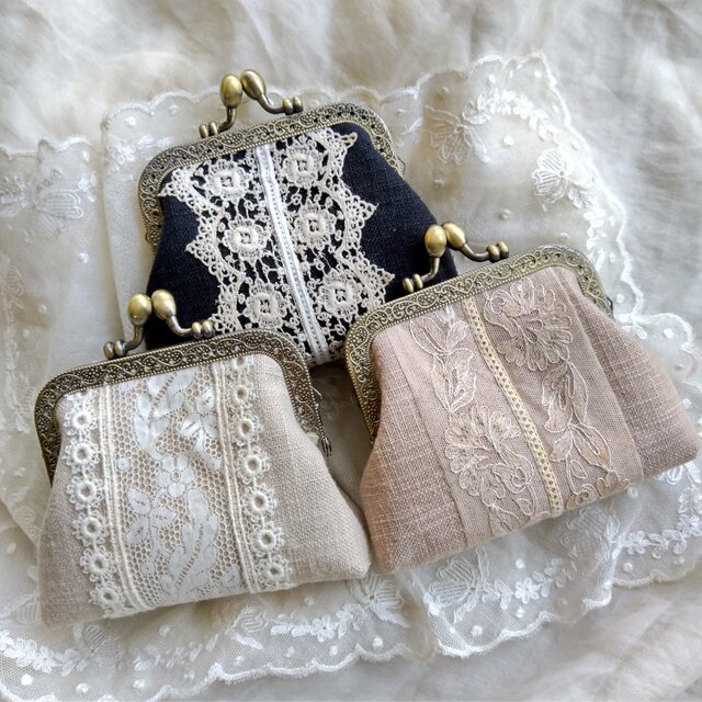 アンティークレース*ベージュリネン*がま口*ポーチ | iichi 日々の