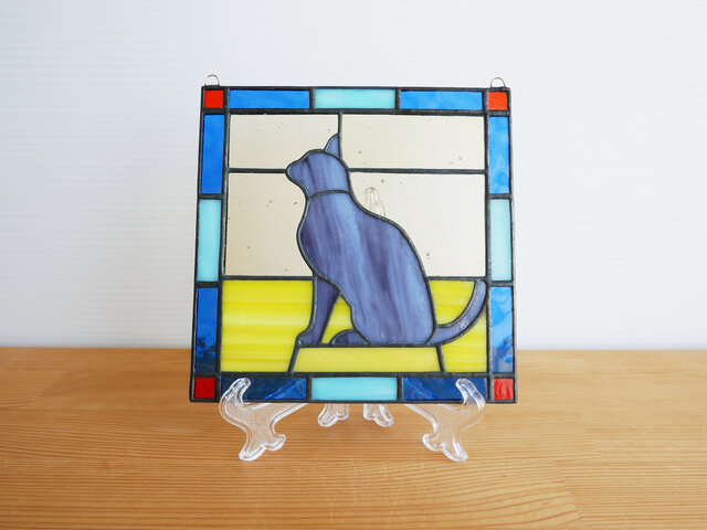 ステンドグラスパネル　　バラとネコ ステンドグラスパネル バラとネコ ステンドグラスのネコ - 木製