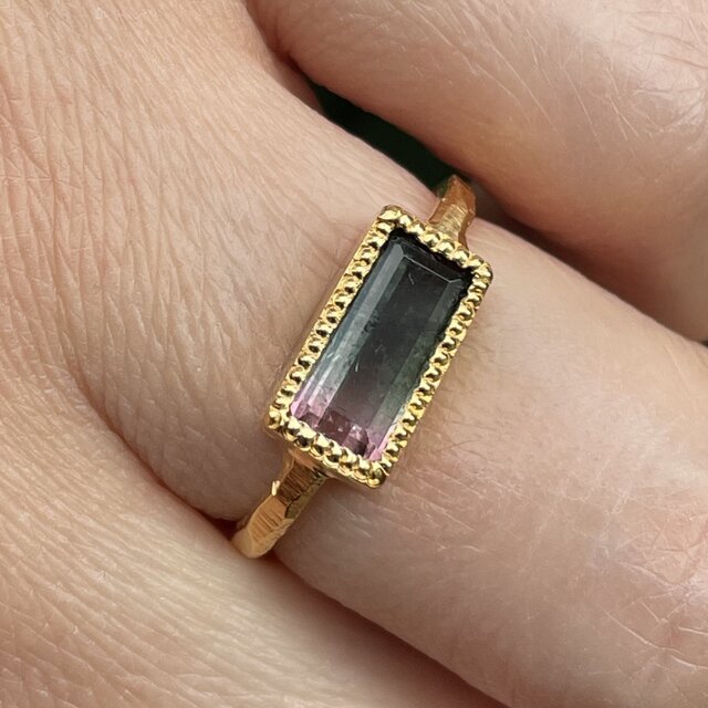 バイカラートルマリン　バゲットカットpink&black シルバーsv925リング