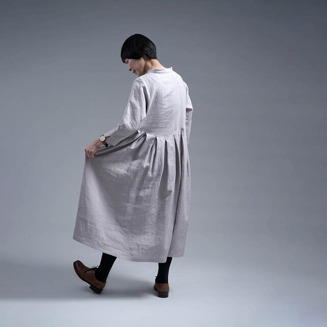 wafu】Linen Dress スタンドカラー 鍵盤タック ワンピース / 灰桜(は