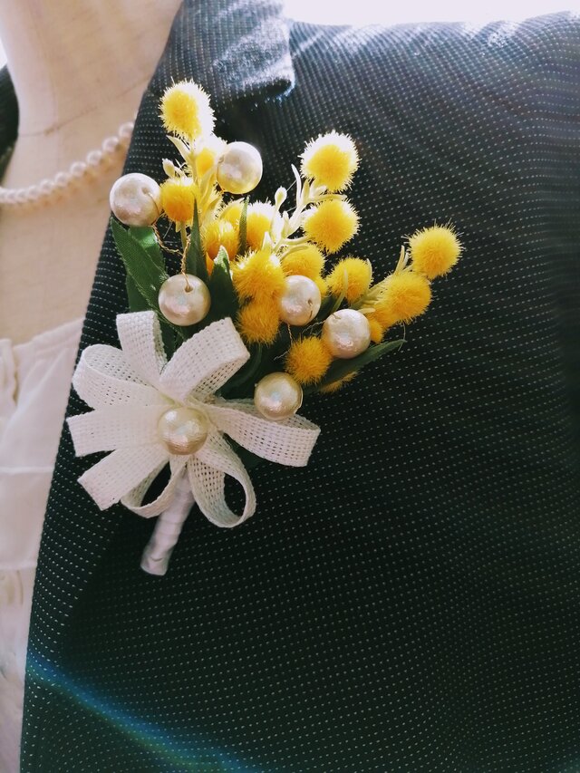 ラッピング付き♡ミモザとコットンパールのコサージュ 花束にも