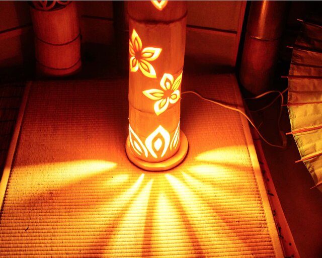 極太竹灯籠　両面彫り　竹灯り 竹ランプ　　炎のゆらめき〜〜桜木〜〜 極太竹灯籠 両面彫り 竹灯り 竹ランプ 炎のゆらめき〜〜桜木