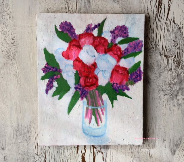 絵画「花瓶の花A」（紅白の薔薇）油彩・原画・F3・裏紐付き - 通販 ...