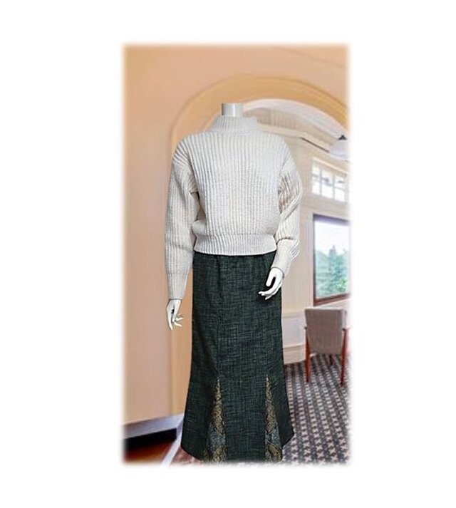 175 ＊ワケあり＊紬×大島紬着物リメイクマーメイドスカート（蝶×緑）