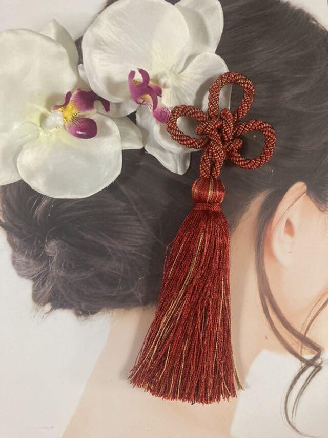 紅リップ胡蝶蘭 タッセル髪飾り 謝恩会ヘア Iichi ハンドメイド クラフト作品 手仕事品の通販
