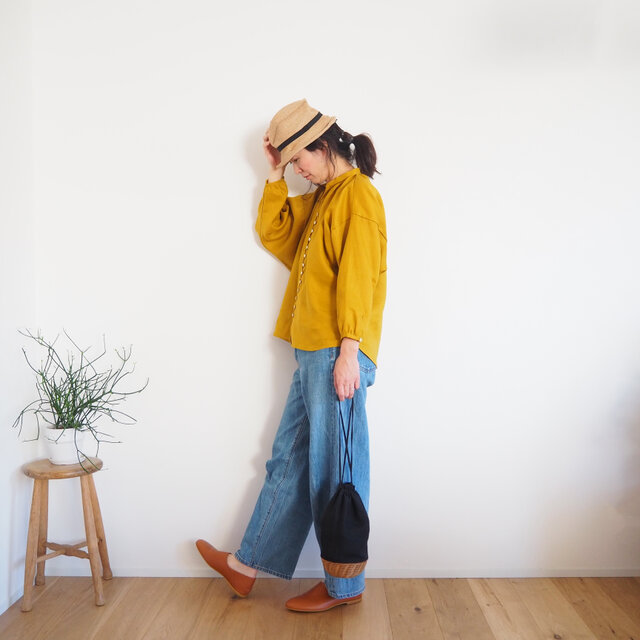 French Linen button gather blouse/YELLOWの画像1枚目