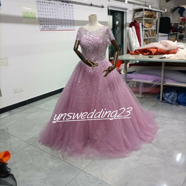 カラードレス ピンク ソフトチュール ハンドビーディング スパンコール ステージ衣装 結婚式/披露宴