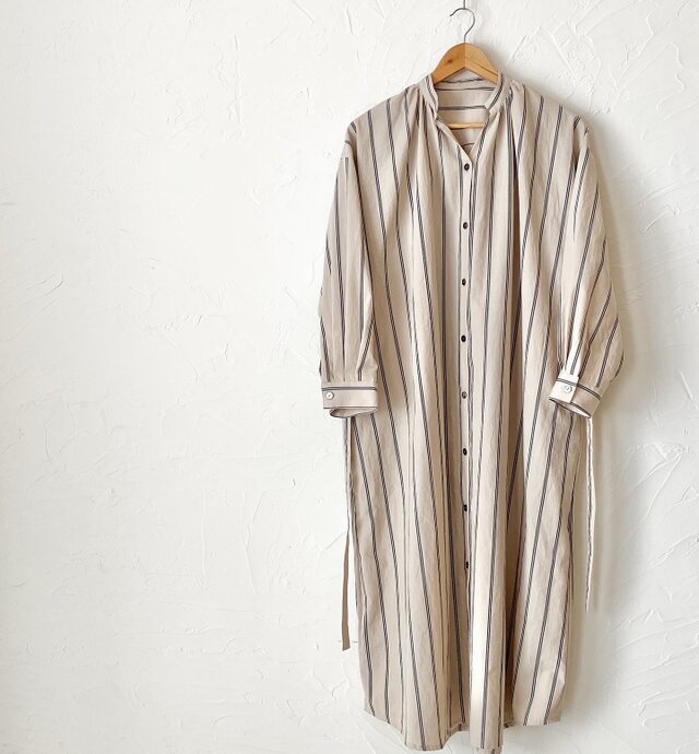 羽織れるシャツワンピ ストライプベージュ No.209 | iichi ハンドメイド・クラフト作品・手仕事品の通販