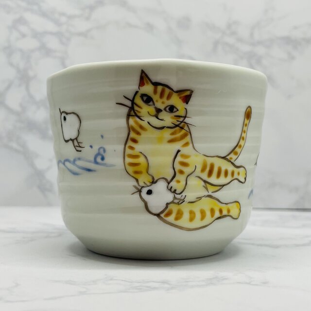 京焼　ゆら蕎麦猪口　小　波千鳥と猫