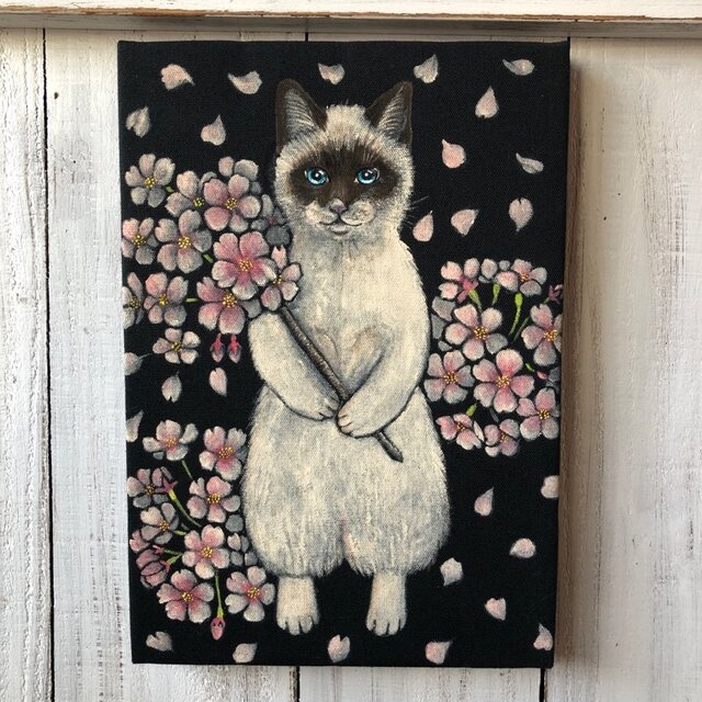 幸せだよ」SMサイズ額付きアート作品原画 猫 徳島洋子作品 ☆ 星月猫-