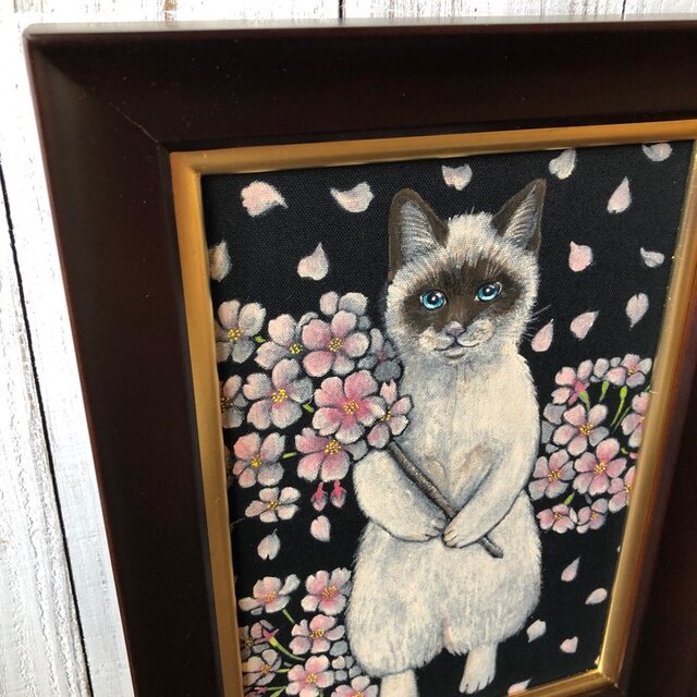 幸せだよ」SMサイズ額付きアート作品原画 猫 徳島洋子作品 ☆ 星月猫