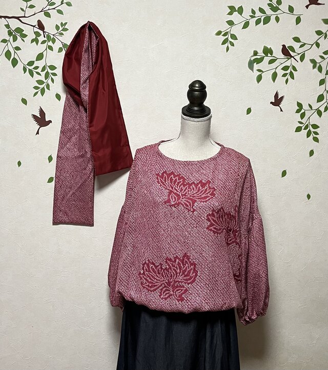 ☆桜色の絞りの羽織から後ろ下がりバルーン袖ブラウス&ストール 着物