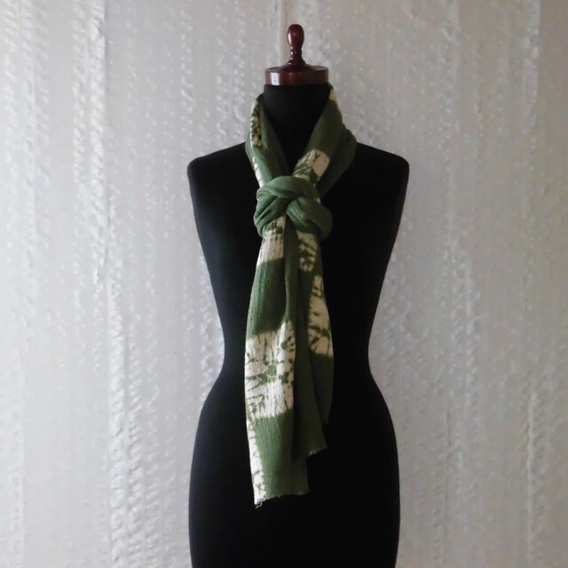 *絞り染*麻混地市松模様ストール　抹茶グリーン