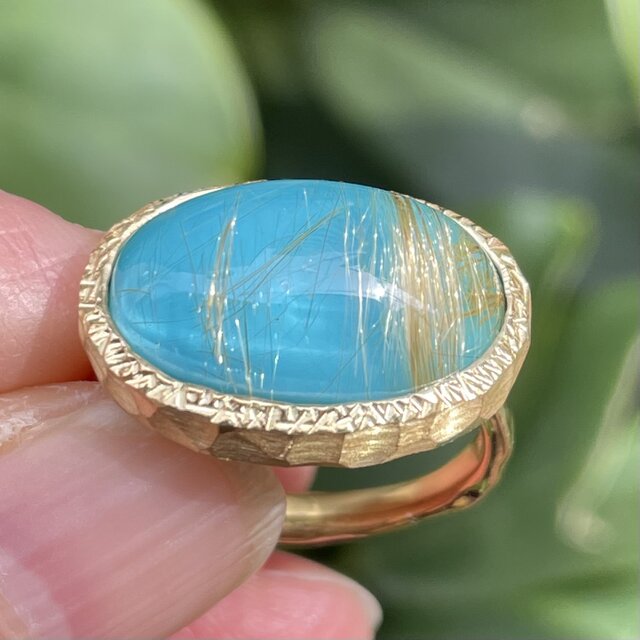 ルチルクォーツ　×　ターコイズ 　オーバルカボション　シルバーSV925リング