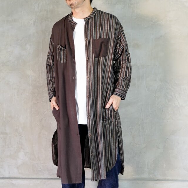 春待ち　ロングシャツ　ボーダー　ブラウン