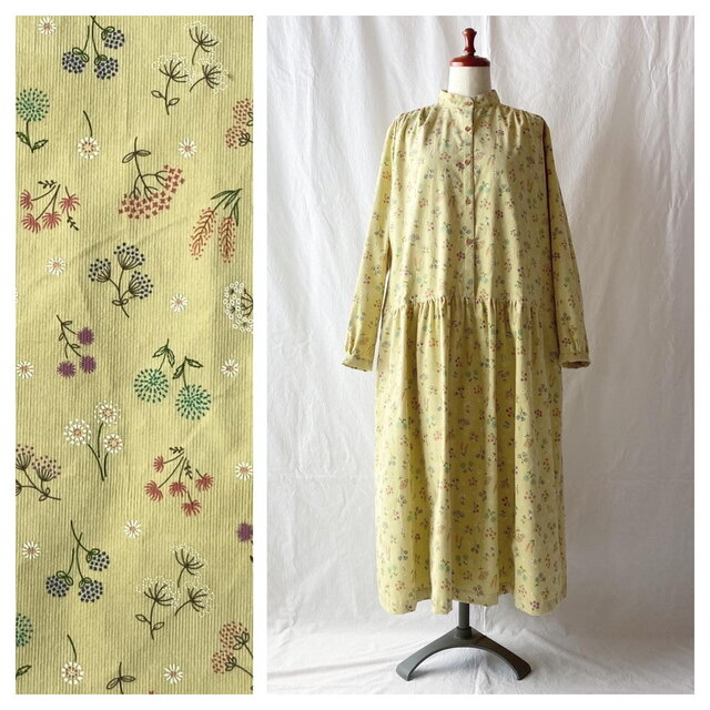 レディのためのチェリーワンピース（長袖）：115cm丈（花降る野原：ピスタチオ）