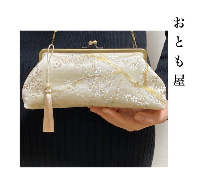 絹帯バッグ がま口 クラッチ シャンパンゴールド 松坂屋