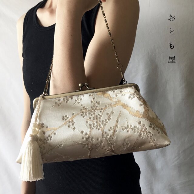 絹帯バッグ がま口 クラッチ シャンパンゴールド 松坂屋 タッセル