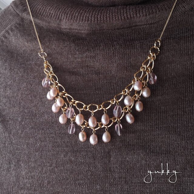 【1点物】淡水真珠(ラベンダーピンク)/ガラスビーズ✽2連ネックレス&ピアスorイヤリング付