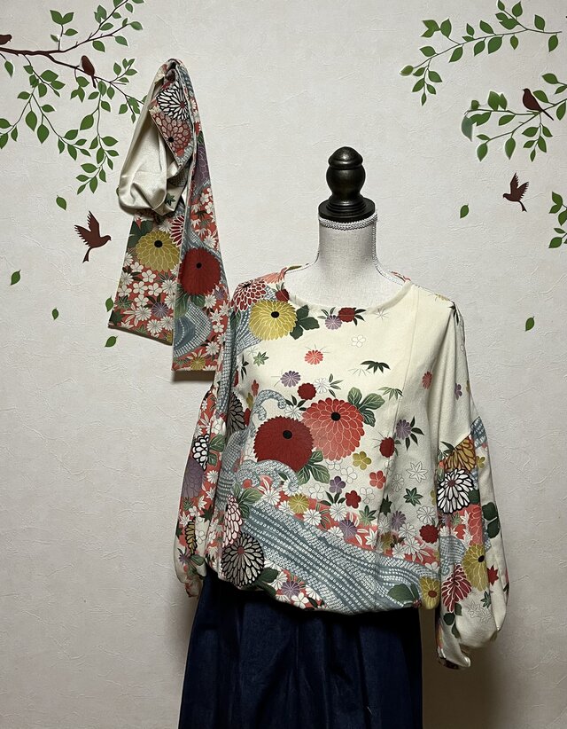 ☆菊の花模様の訪問着から後ろ下がりバルーン袖ブラウス&ストール 着物
