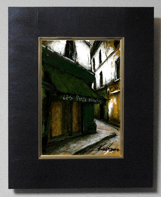 風景画 パリ 油絵「路地裏の緑のひさしのあるカフェ」 | iichi 日々の 