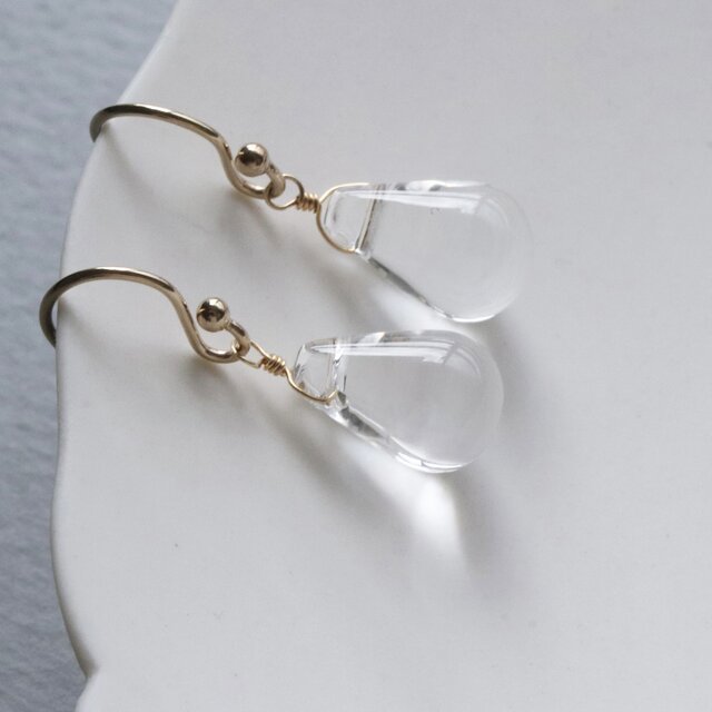 14Kgf 水晶ドロップ 一粒ピアス／イヤリング｜天然石クリスタル｜朝露