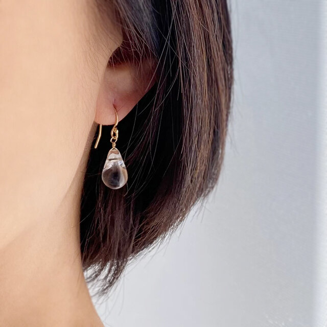 14Kgf 水晶ドロップ 一粒ピアス／イヤリング｜天然石クリスタル｜朝露
