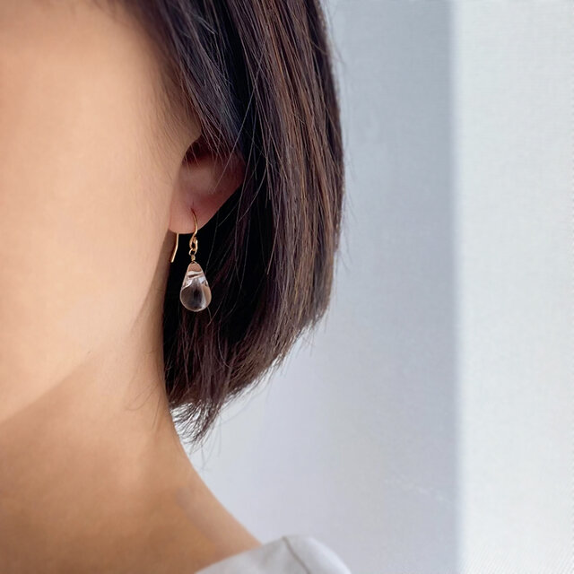 14Kgf 水晶ドロップ 一粒ピアス／イヤリング｜天然石クリスタル｜朝露