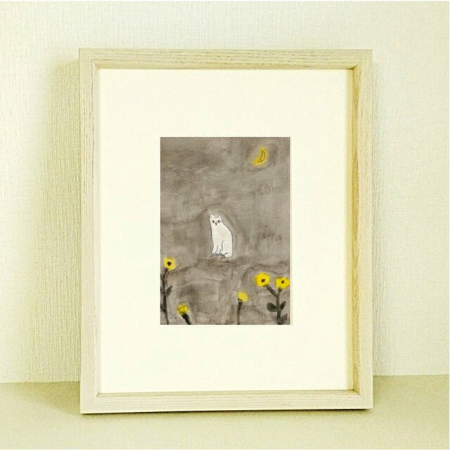 猫の絵｜原画「月明かり」※木製額縁入り（インチサイズ）