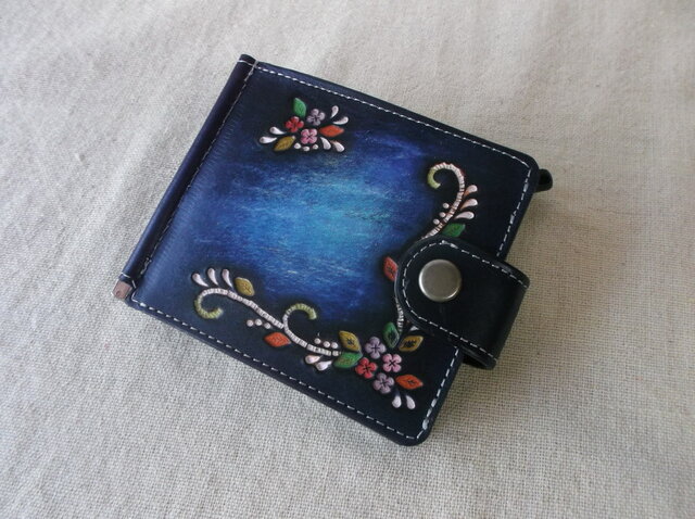 ハンドメイド 牛ヌメ革 マネークリップウォレット レザークラフト ハサミ