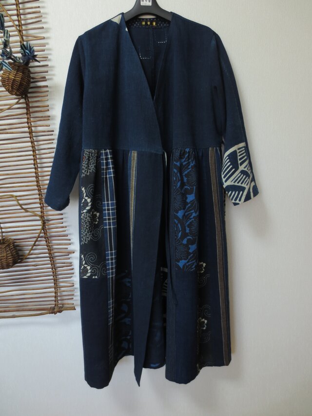 古布　襤褸型染め　カシュクールワンピース